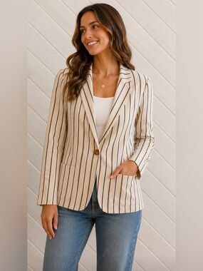 CLEO Linen Blazer Tan with Black Vertical Stripes Linen Blend